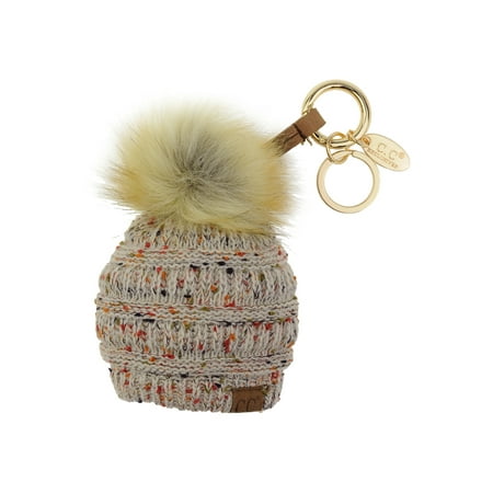 NYFASHION101® Pom Pom Beanie Key Chain Key Ring Handbag Tote Accessory - Confetti Oatmeal