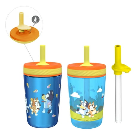 

Zak Designs 3pc Kelso Straw Tumbler Set 12oz Stainless Steel and 15oz Plastic 2 Cups and 1 Bonus Straw Leakproof and Perfect for Kids Bluey