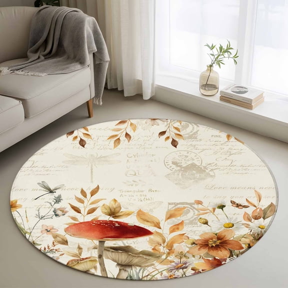 Vintage Floral Round Area Rug 3.3Ft Washable Circle Rugs for Dining Room Table, Spring Flowers Eucalyptus Leaves Mushrooms Non-Slip Carpet Floor Mats Indoor Outdoor Carpet Runner Aesthetic Home Decor