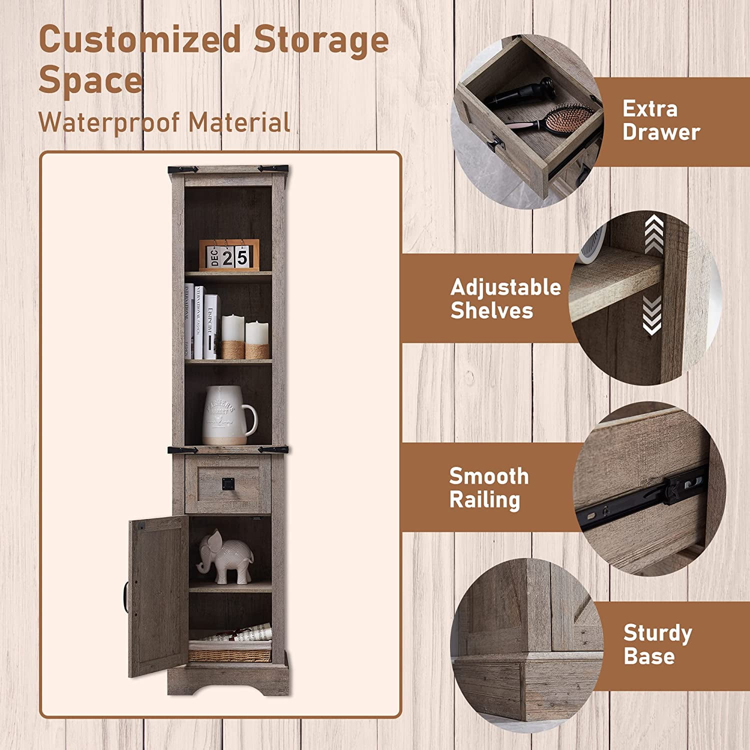 OKD Freestanding Bathroom Storage Cabinet, Farmhouse 69" Tall Narrow Cabinet with Adjustable Shelves and Metal Handle, Light Rustic Oak