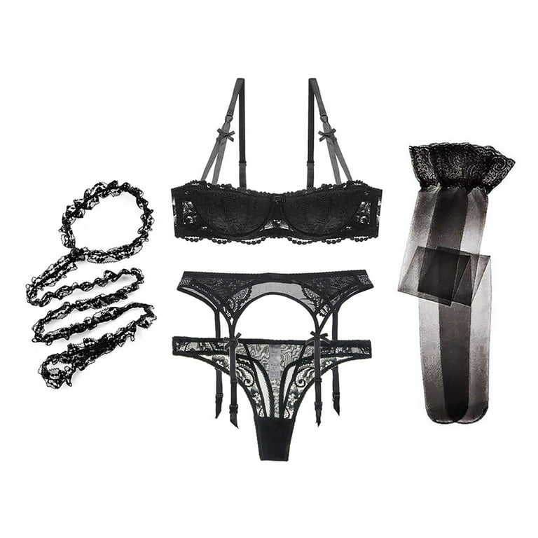 Women Push Up Bras Set Lace Lingerie Bra and Thong and Garter and Stocking  and Halter 5Pcs 