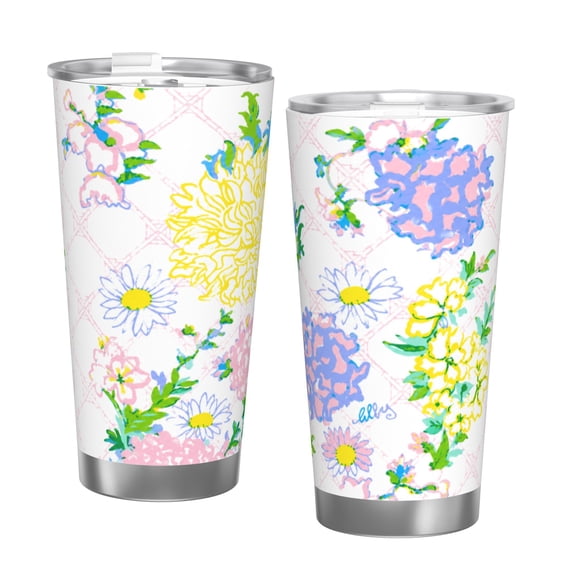 20oz Watercolor Floral Lattice Insulated Tumbler with Handle and Straw Spring Garden Travel Coffee Cup Gift with Single Silver Rim