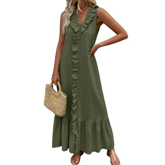Women'S Summer Beach Cotton Tank Dress Linen Boho Sleeveless Tiered Ruffle Maxi Long Sundress Army Green S