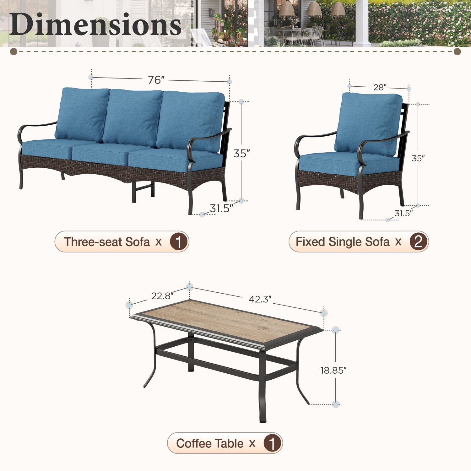 SUMMIT LIVING 4-Piece Outdoor Patio Conversation Set with Wood-look Coffee Table, Outdoor Patio Furniture Set for 5 People, Navy Blue