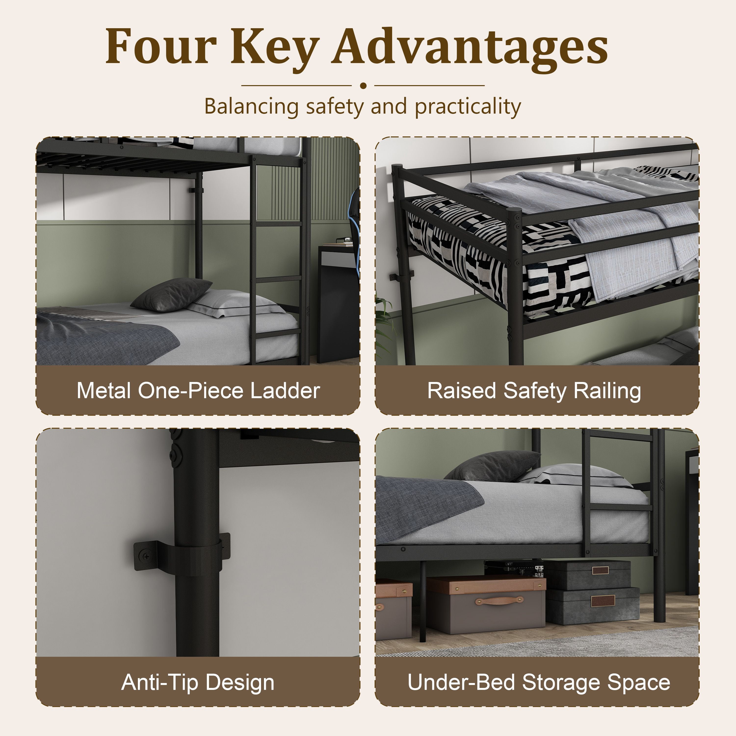 Alvantor Twin over Twin Metal Bunk Bed with 14.29" Guardrails, Ladder, Black