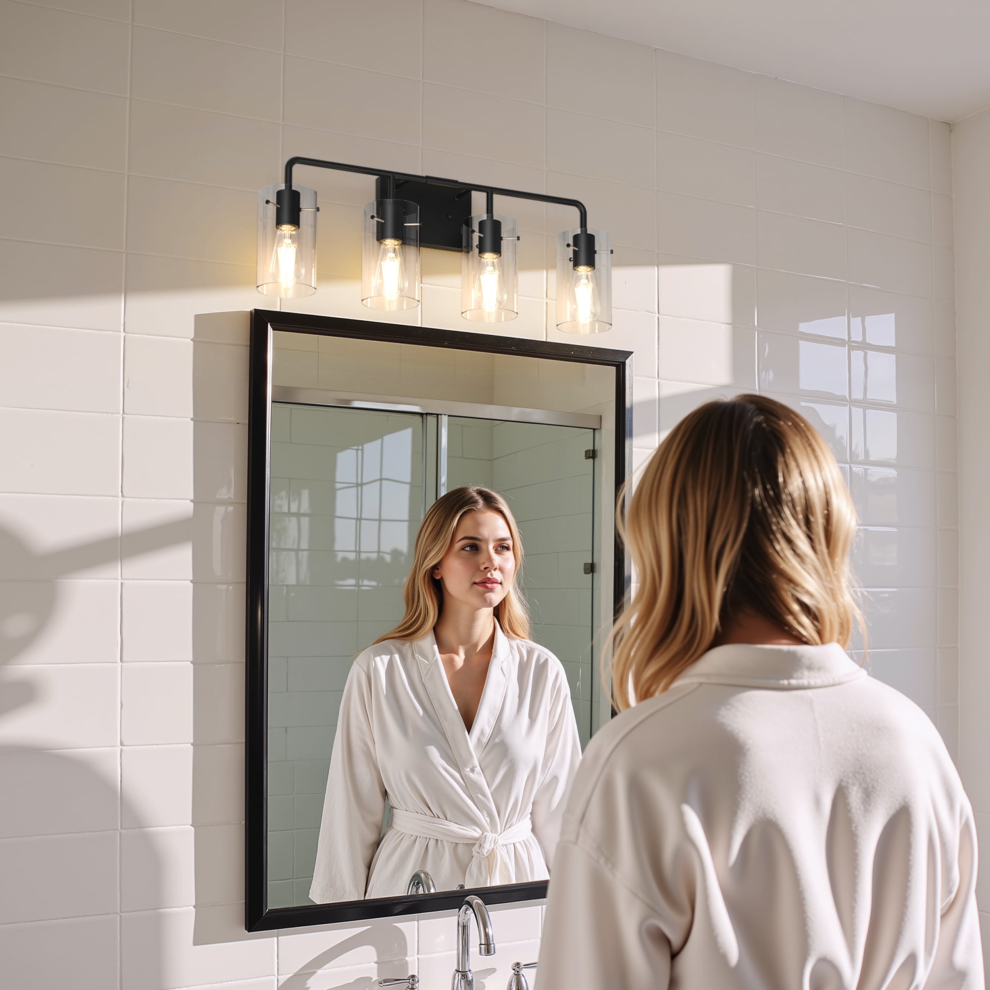 YANSUN 26.7 in 4-Light Black Metal Vanity Light with Clear Glass Shade Bathroom Fixture for Modern Farmhouse Style Spaces