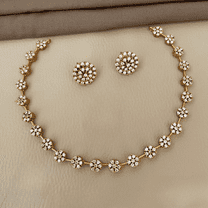 Bollywood Gold Tone AD Stone Choker Necklace Set with Floral CZ Stud Earrings – Indian Bridal Jewelry with White Stone for Women