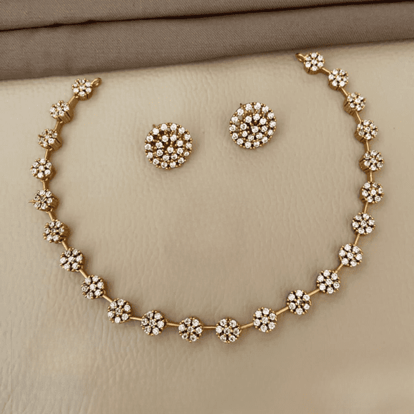 Diamond Replica AD Stone Choker Necklace Set with Floral CZ Stud Earrings – Indian Bridal Jewelry with White Stone Neckwear