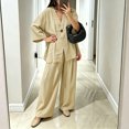 thumbnail image 6 of Womens Cotton Linen Sets 2 Piece Oversized V-neck Loose Top and Wide Leg Pants Sets Casual Vacation Outfits Beige M, 6 of 6