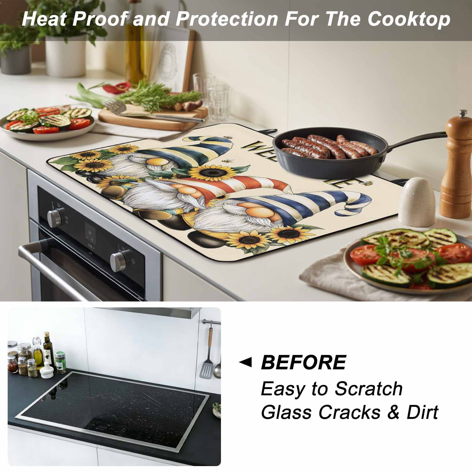 Sunflower Gnomes Stove Top Cover for Electric Stove, Heat-proof & Non Slip Glass Top Stove Cover Protector, Yellow Summer Botanical Striped Bee Vintage Kitchen Flat Cooktop Rubber Mat 24x21 Inches
