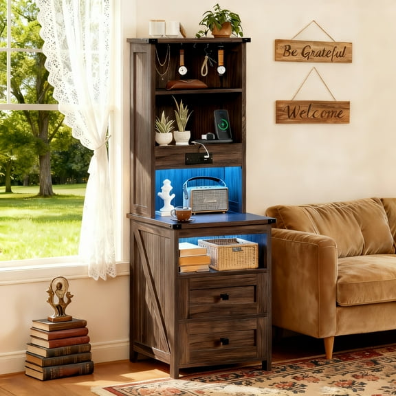 SereneLounge Extra 51.6’’Tall Wood Nightstands with Charging Station and 2 Drawers & LED Bookshelf with Storage, Oak Brown