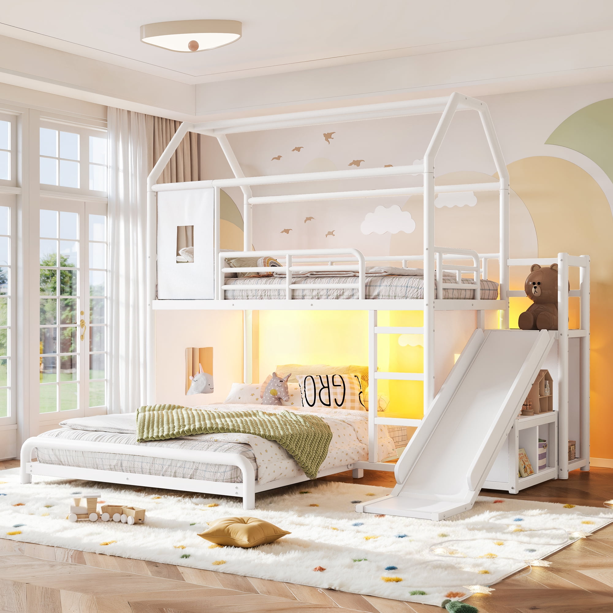 HOQBN Metal Bunk Bed Twin over Full,Playhouse Bunk Bed Frame with Slide & Ladder,LED Light Strip, Privacy Curtain, Movable Storage Cabinet and Hanging Rod,Antique White