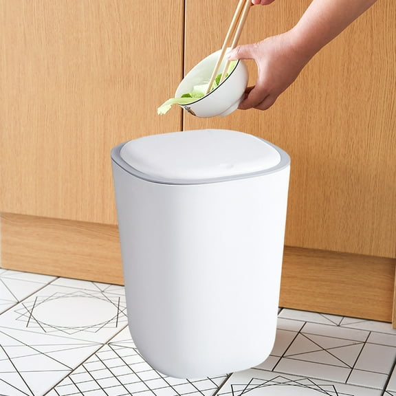 Hovmgk Silent Opening Trash Can, Bathroom & Bedroom Small Space Waste Bin with Pressing Ring Design, Quiet Automatic Lid for Dormitory & Office Use, White & Blue Plastic Trash Bin with Modern Finish