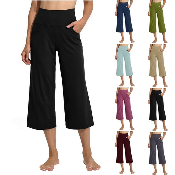 Capri Pants for Women Summer Casual Wide Leg Pants Loose High Waist Cropped Palazzo Trousers Capris Beach Pants with Pockets