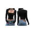 thumbnail image 3 of Women'S Square Neck Long Sleeve Ribbed Rhinestones Slim Fitted Casual Basic Crop Top, 3 of 8