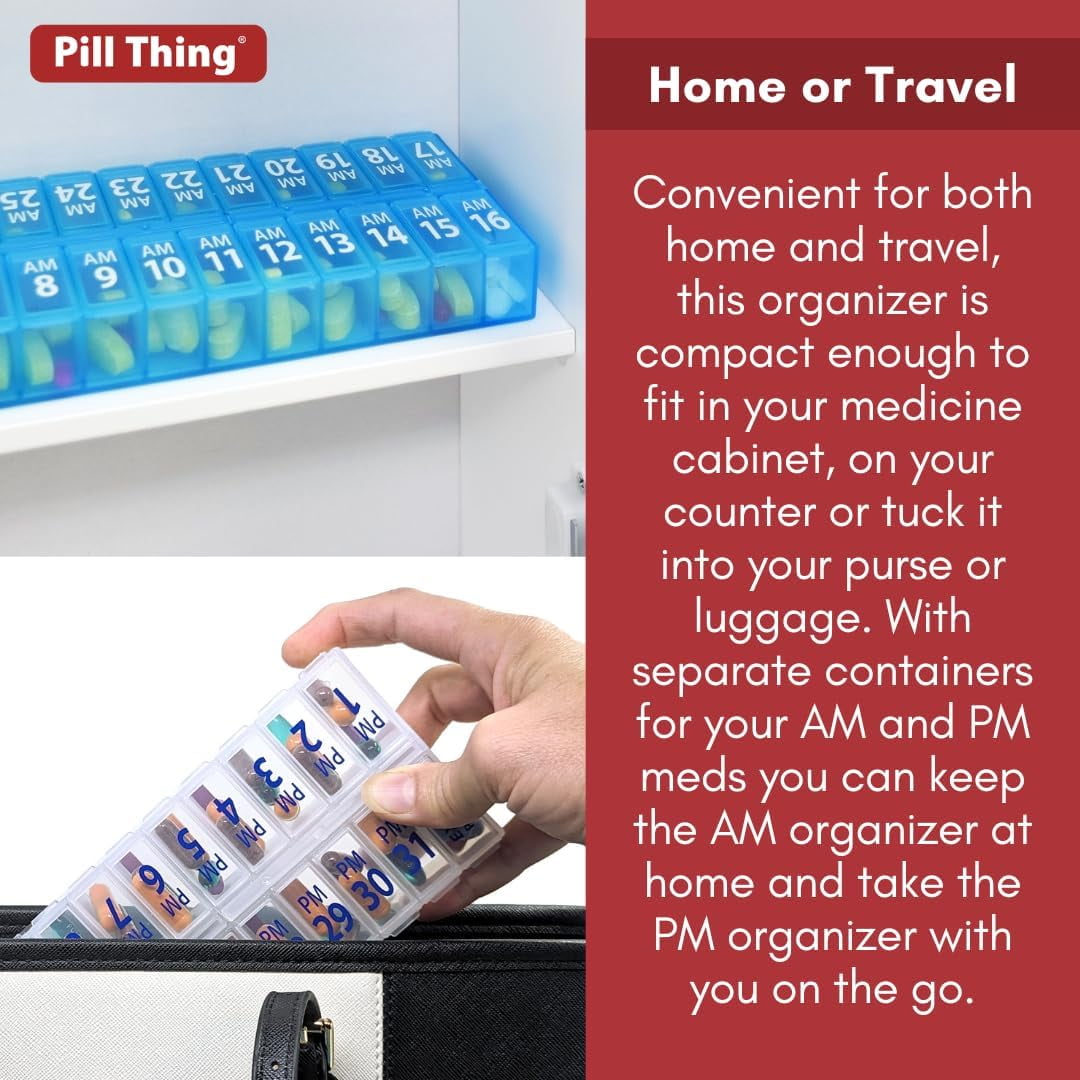 Twice-a-Day Monthly Pill Box Planner Set - AM & PM Medication Organizer for 31 Days (Clear/Blue)