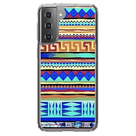 DistinctInk Clear Hybrid Case for Samsung Galaxy S21 (6.2" Screen) - Blue Red Yellow Tribal Print - Raised Bezel Screen Guard