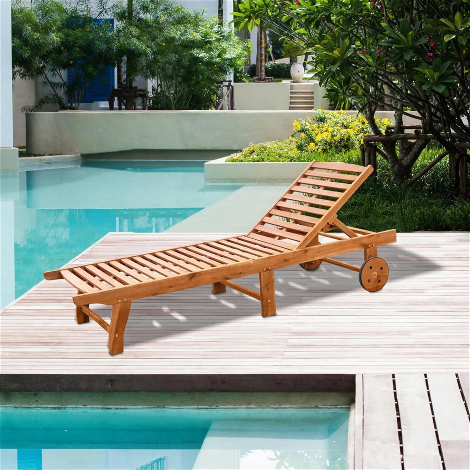 Demi Bonn 77" Outdoor Folding Chaise Lounge with Wheels, Acacia Wood Frame, Relaxation Reclining Chair for Patio and Garden, Easy to Move, Brown