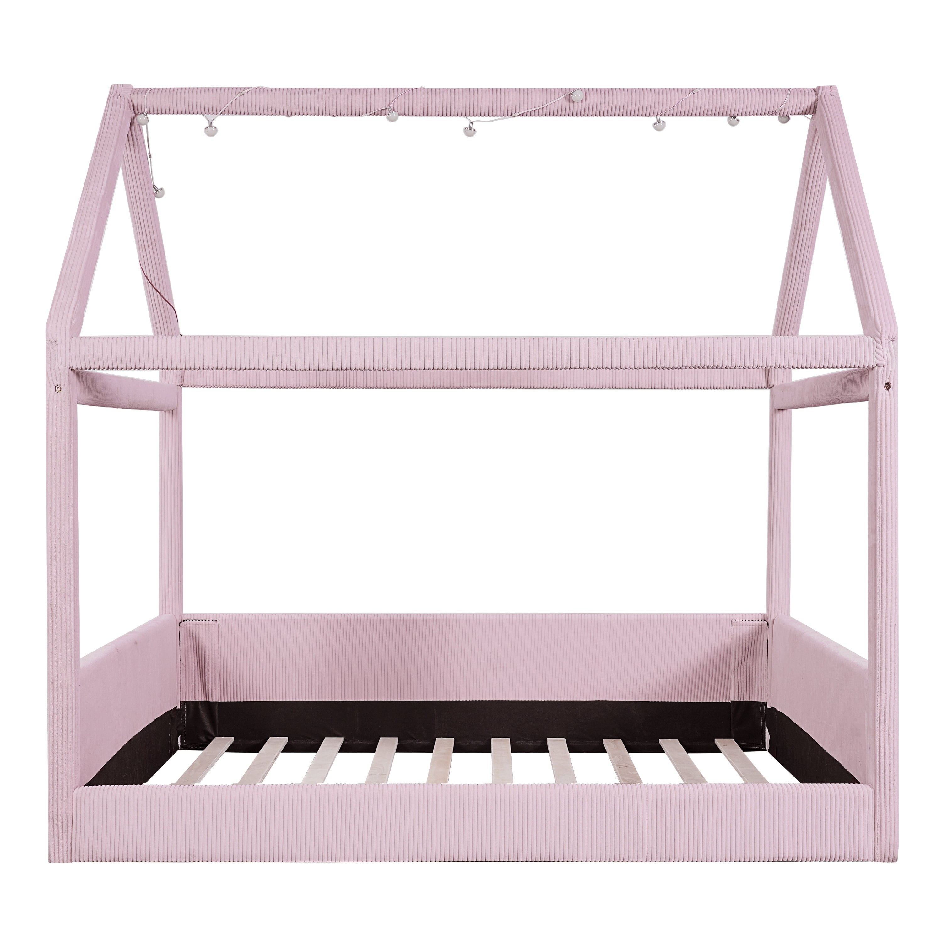 Euroco Upholstered Full Size Platform Bed, House Canopy Bed with LED Light Strip, Pink