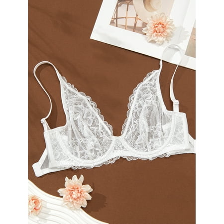 Deyllo Women s Sexy Lace Bra Non-Padded Full Figue Underwire Support Push up Bras Plunge Low Cut BraletteWhite 36C
