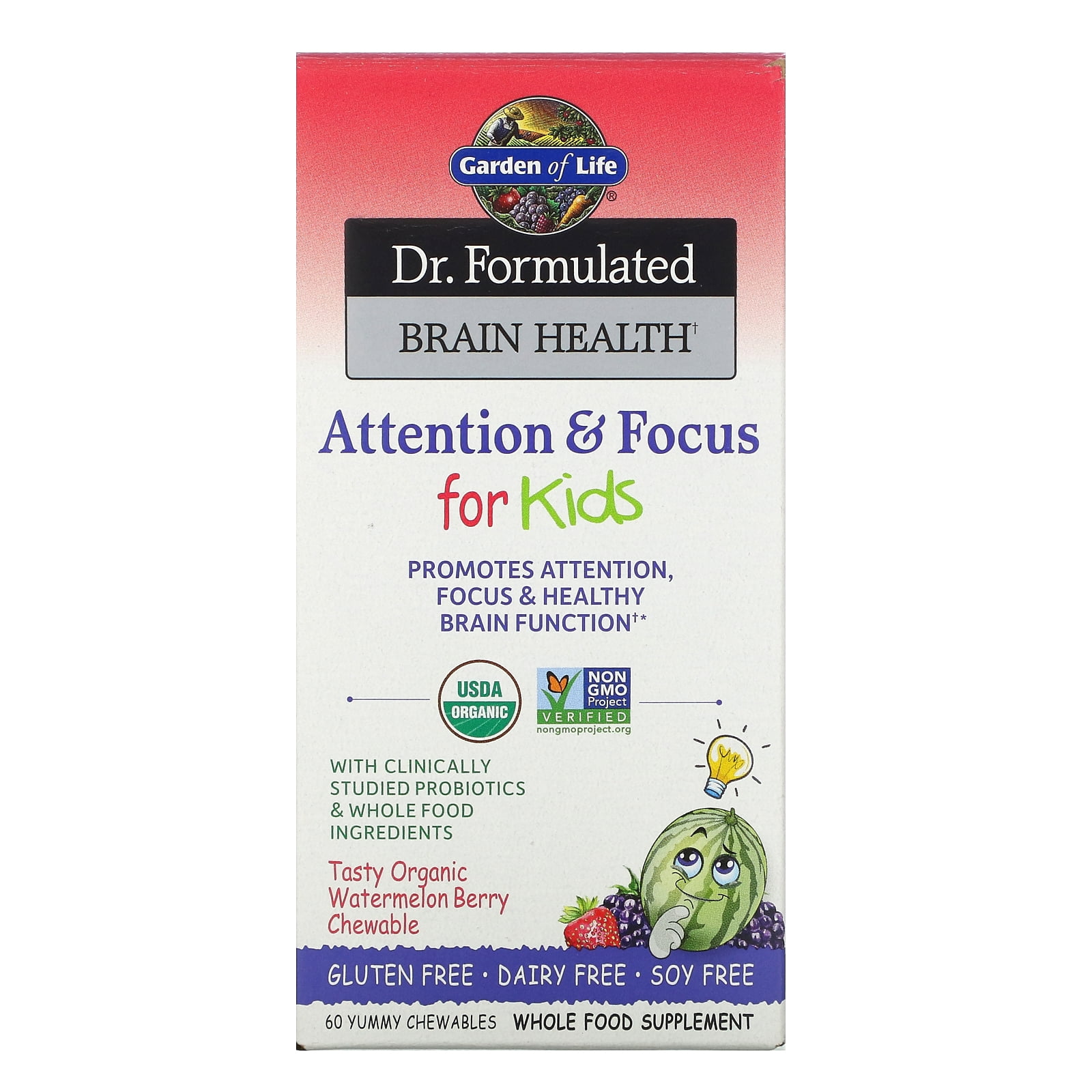 Photo 1 of Garden of Life Dr. Formulated Brain Health, Attention Focus for Kids, Organic Watermelon Berry, 60 Yummy Chewables
