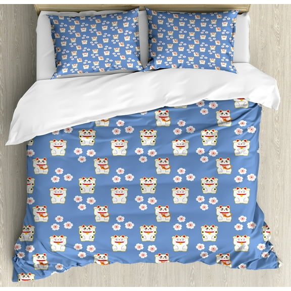 Cat Duvet Cover Set, Repetitive Maneki-Neko Motifs Japanese Inspired, Decorative 3 Piece Bedding Set with 2 Pillow Shams, Calking Size, Azure Blue Dark Pink, by Ambesonne