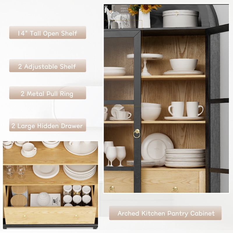 Furmax 71'' Tall Arched Pantry Cabinet, Wood Display Cabinet with 2 Large Drawers and 3 Shelves, Kitchen Storage Cabinet for Kitchen, Living Room, Dining Room, Black