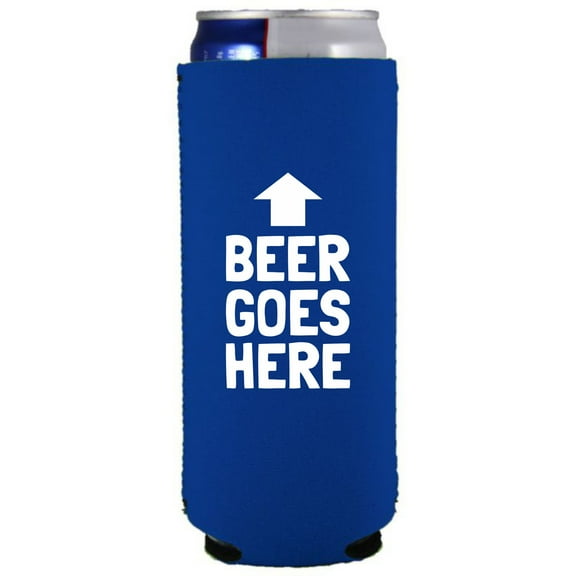 Beer Goes Here Arrow Up Funny Slim Can Coolie (Royal Blue)