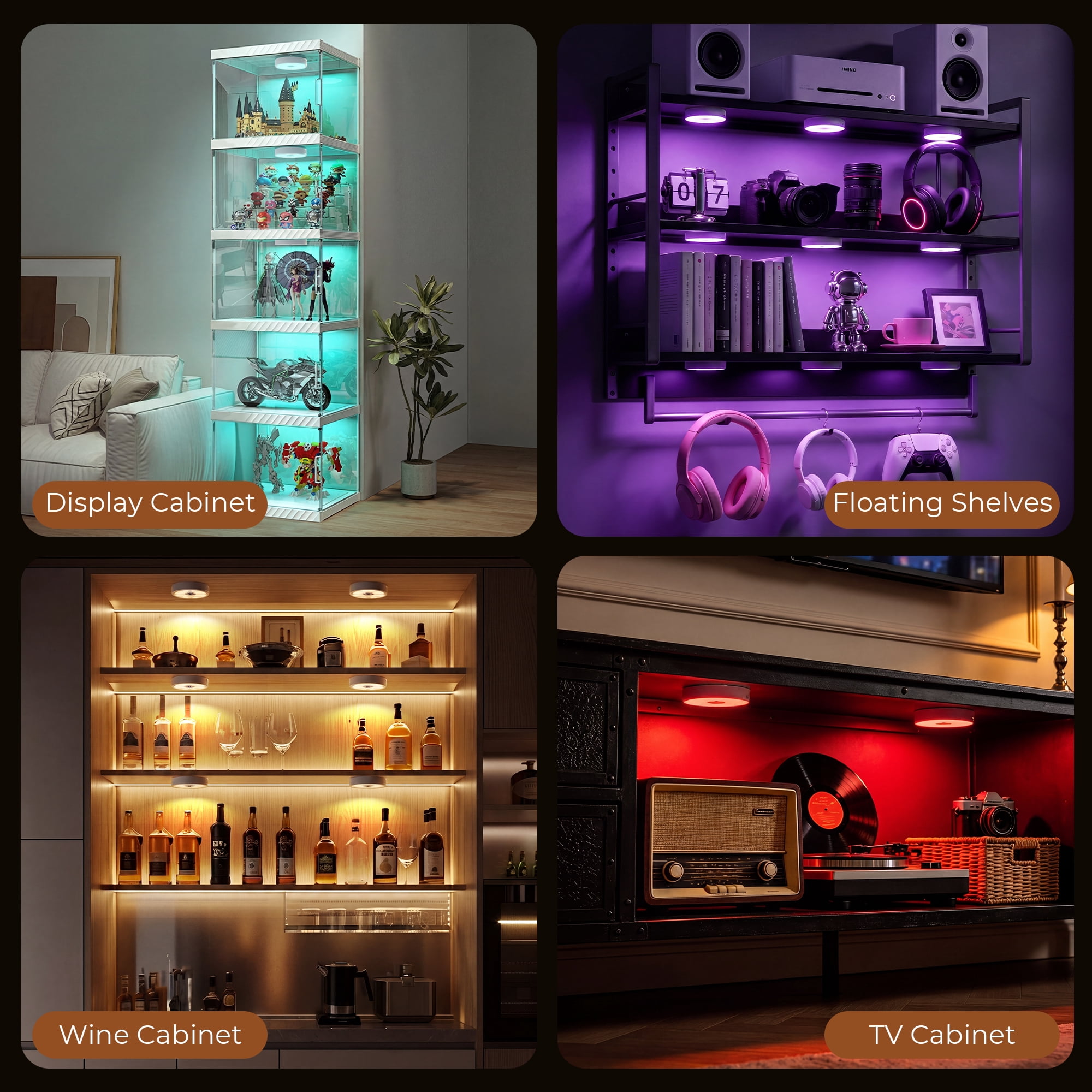 1000mAh Rechargeable Puck Lights with Remote, Motion Sensor Under Cabinet Lighting, 3 Color Temps & 12 RGB Colors, Dimmable Magnetic LED Stick-On Shelf Lights for Kitchen Closet Stairs, 6-Pack