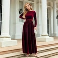 thumbnail image 5 of Women'S Elegant Velvet Belted Pleated Long Sleeve Party Formal Wedding Guest A-Line Maxi Long Dress Dark Red L, 5 of 7