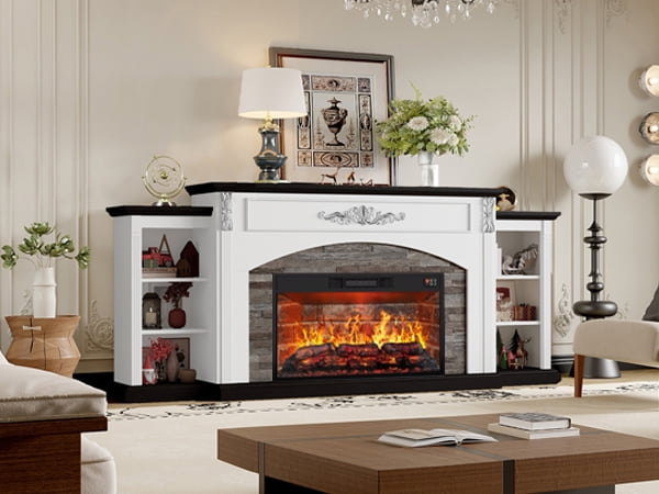BOSHIRO 80" Electric Fireplace with Mantel and Cabinets, Fireplace TV Stand for Living Room Bedroom