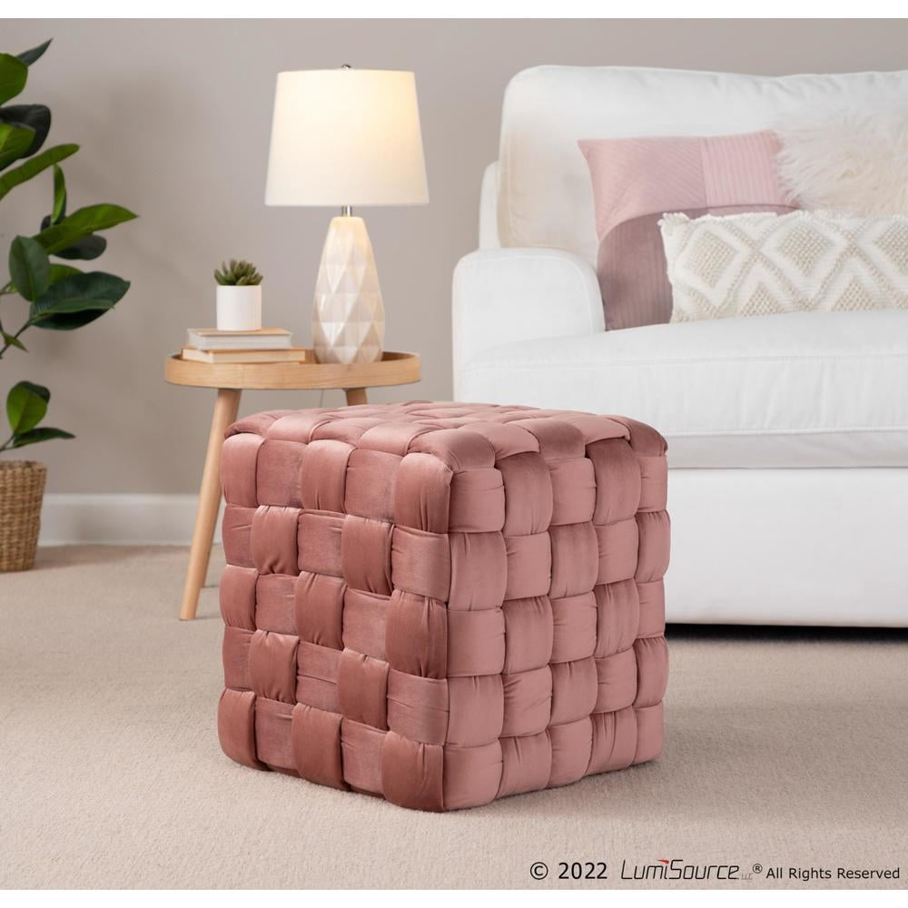 LumiSource Blush Pink Velvet Braided Square 16" Ottoman