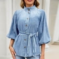 thumbnail image 4 of SETOOFF Womens 3/4 Length Sleeve Tops Denim Blouses Stand Collar Button Front Belted Waist Puff Sleeve Casual Shirts Women Spring Fall Travel Daily Outfit, 4 of 6