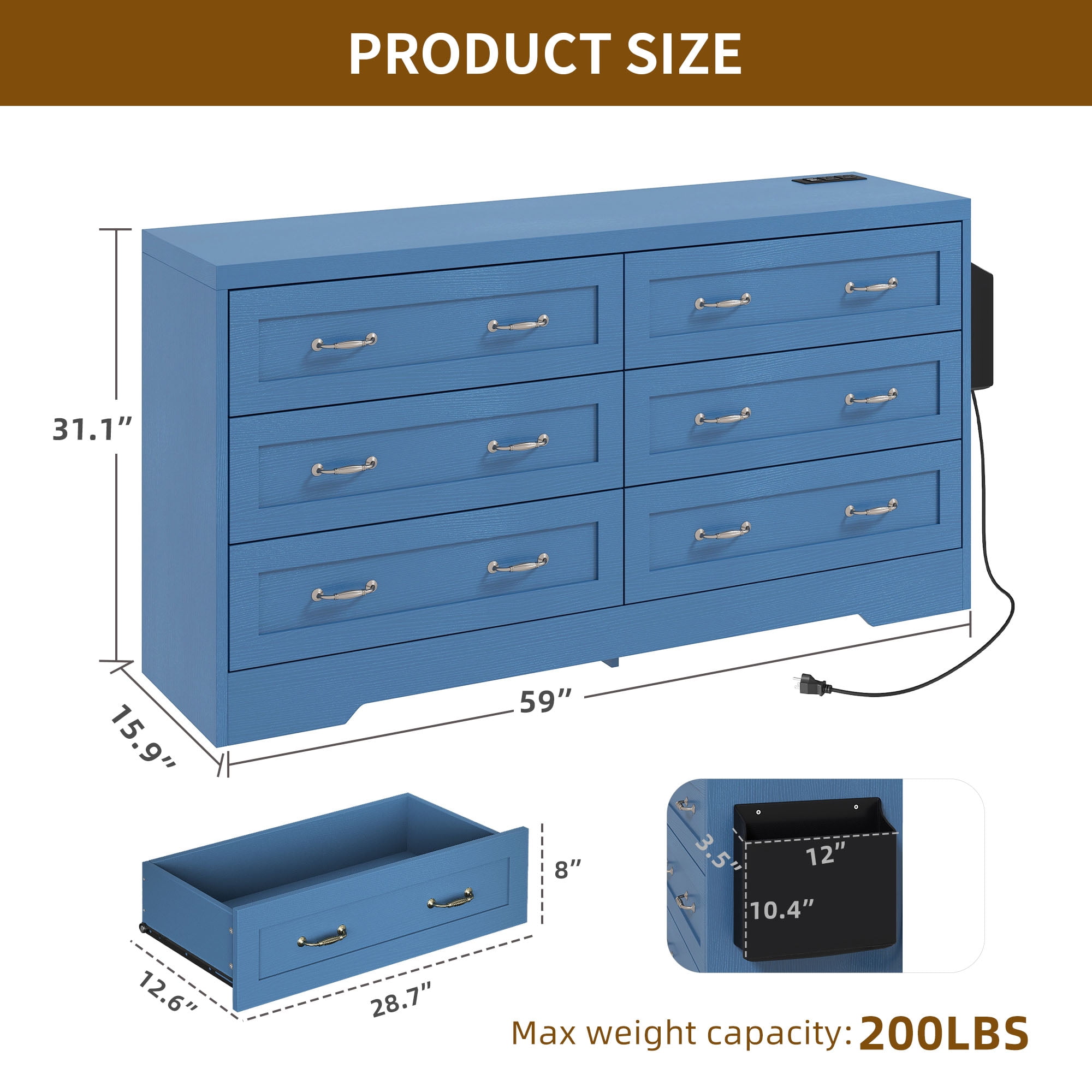 Uforic 6-Drawer Wood Dresser with Power Outlets, Chest of Drawers Double Dresser, Blue