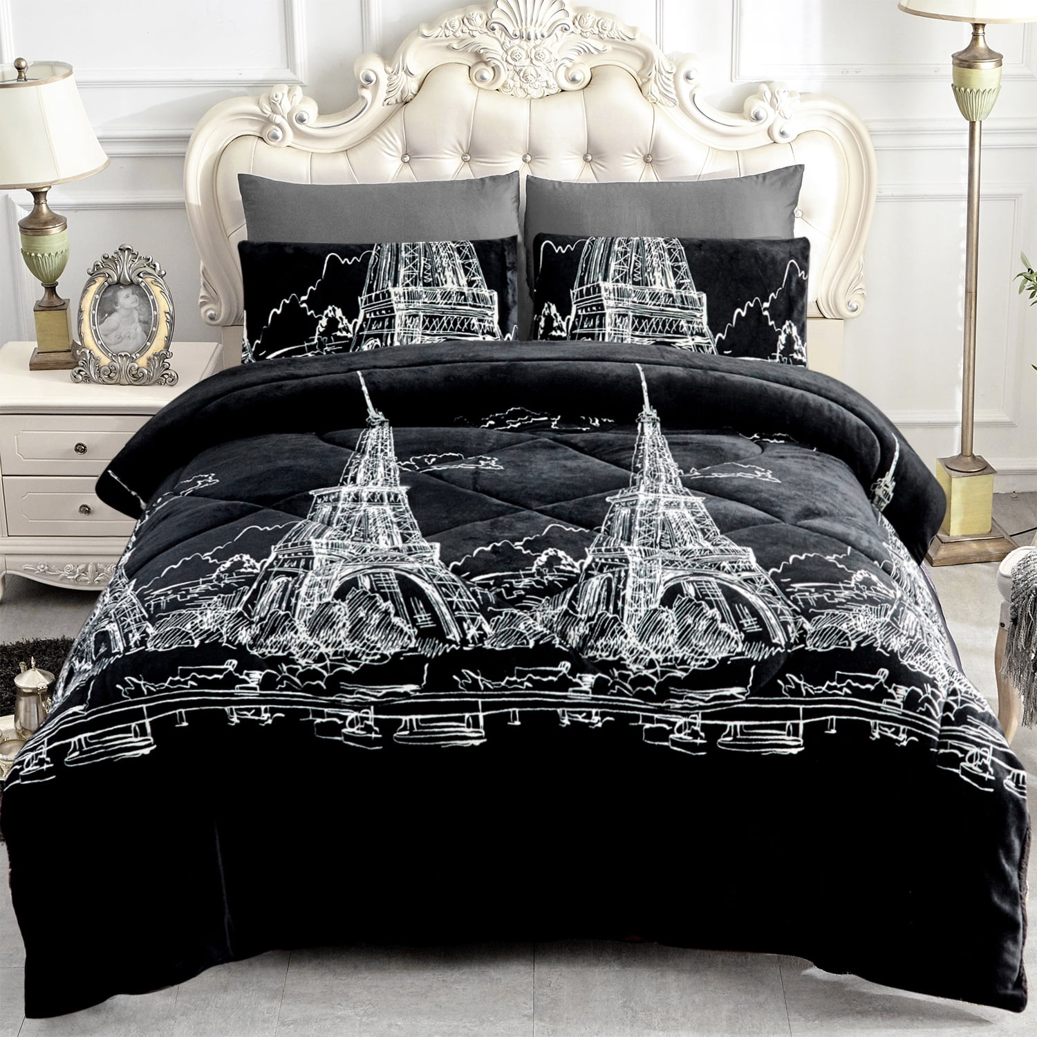 JML Plush Sherpa Bed Blanket, Fluffy & Soft, Reversible, Thick, King 79"x91",Black Tower