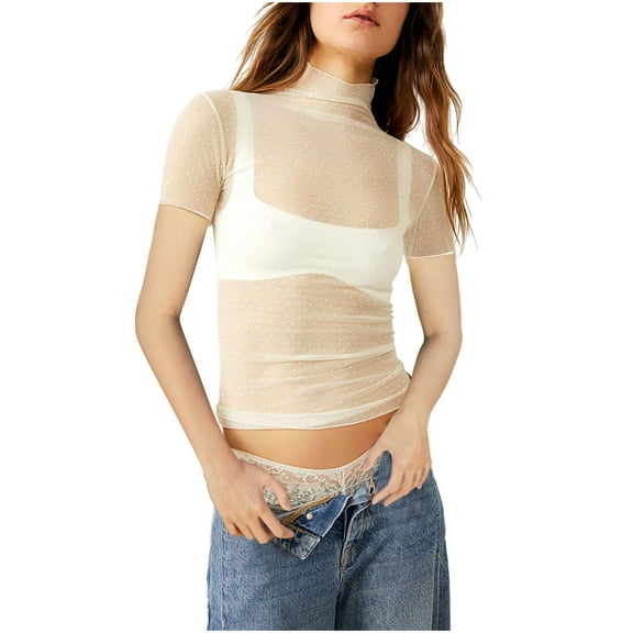 Mittory Women's Mesh Lace Long Sleeve Top Mock Neck Sheer Blouse Floral Lace Layering Tops See Through Tee Shirt