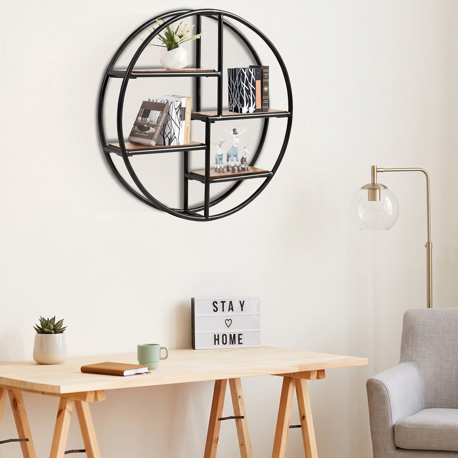 Furnibear Round Floating Shelf 4-Tier Wall-Mounted Storage Rack, Solid Wood and Metal Circular Hanging Display Shelves for Living Room Bedroom Bathroom Office, Black