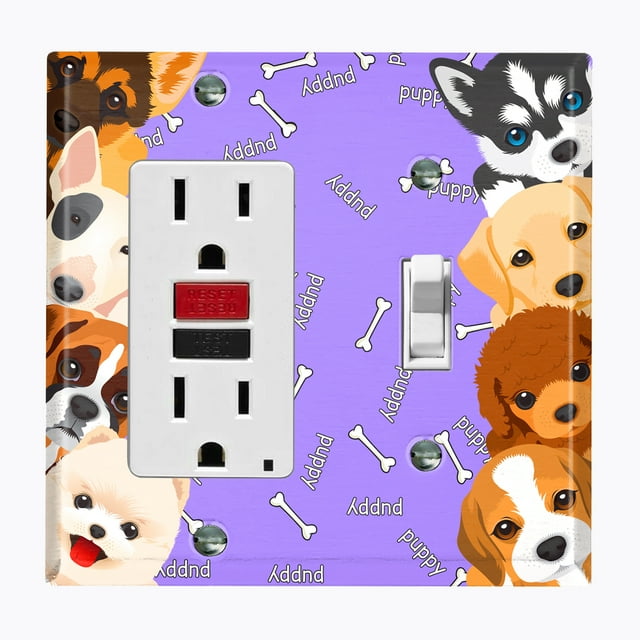 Metal Light Switch Plate Outlet Cover (Cute Puppy Dog Purple - Single Rocker Single Toggle)