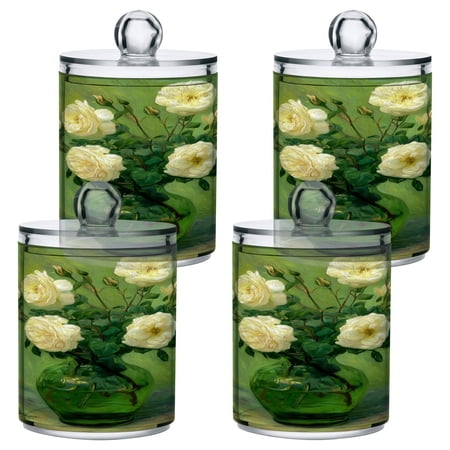 4 PCS Plastic Storage Canister Clear with Lids Airtight Cotton Swabs Cans Bathroom Jar Floss Organizer White Roses in A Vase