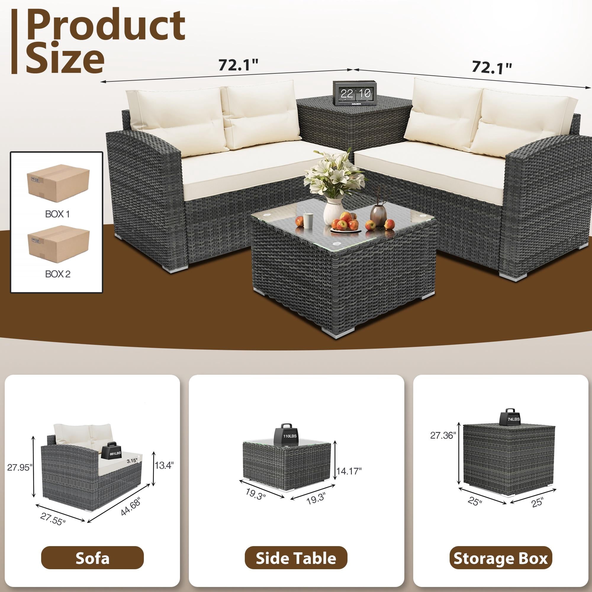 4 Pieces Patio Sofa Furniture Set with Storage Box, Wicker Sectional Sofa Outdoor Furniture Set, Patio Conversation Sets for Backyard Porch Garden Balcony, Beige