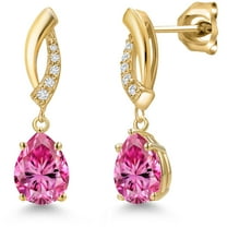 Gem Stone King 10K Yellow Gold Pink Moissanite and Lab Grown Diamond Stud Dangle Earrings for Women | 2.29 Cttw | Gemstone Birthstone | Pear Shape 8X6MM
