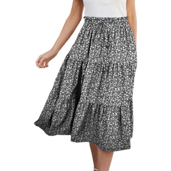 XIAOCHA Smocked High-Waisted Drawstring Floral Tiered Skirt for Women Flowy Casual Boho-Inspired Everyday Summer Midi Skirt