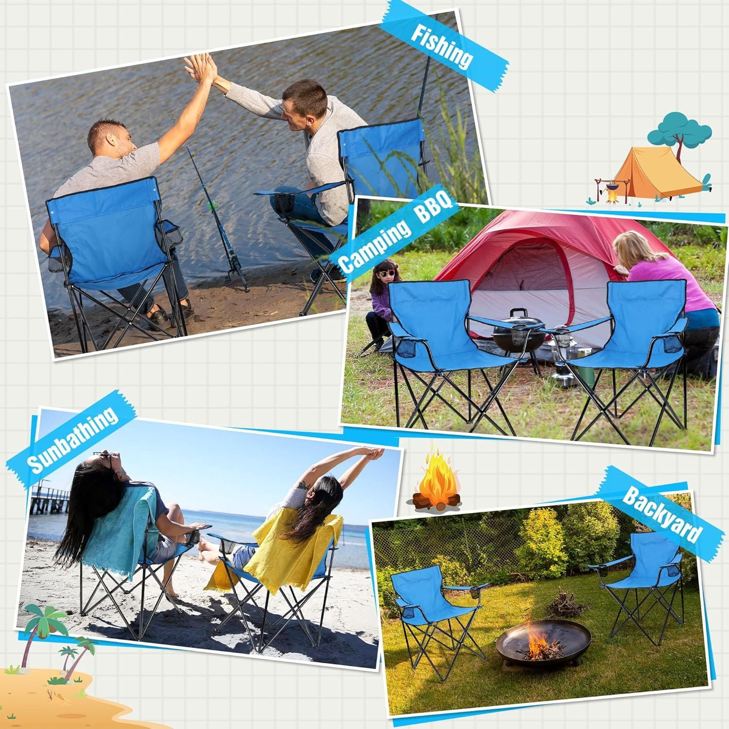 Foldable Camping Chair Set of 2, Folding Camp Chairs for Adults, Large Portable Lawn Chair for Outdoors Fishing, Hiking, Travel, Picnic, Beach, Supports 275lbs & Include Storage Bags