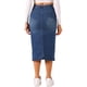 thumbnail image 3 of Falda de mezclilla casual de mujer Inspire Chic, de talle alto, con abertura frontal, hasta la rodilla, en color azul oscuro, talla XL, 3 of 5