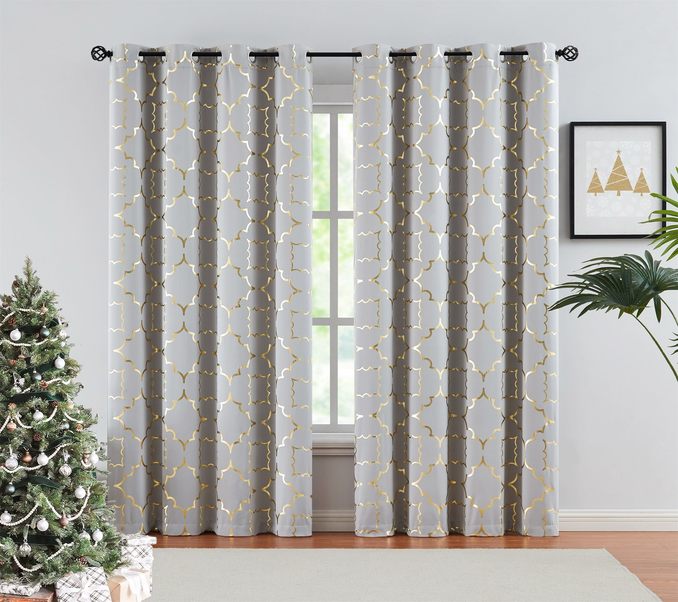 Junvictex Blackout Gold-Grey Grommet Curtain for Bedroom 52"Wx84"L Foil Metallic Print Energy Efficient Drapes,2 Panels