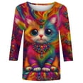 thumbnail image 5 of Ounisa 2025 Womens 3/4 Sleeve Tops Mardi Gras Outfit for Women Fashion Round Neck Clothes Cute Cat Printed Blouse, 5 of 7