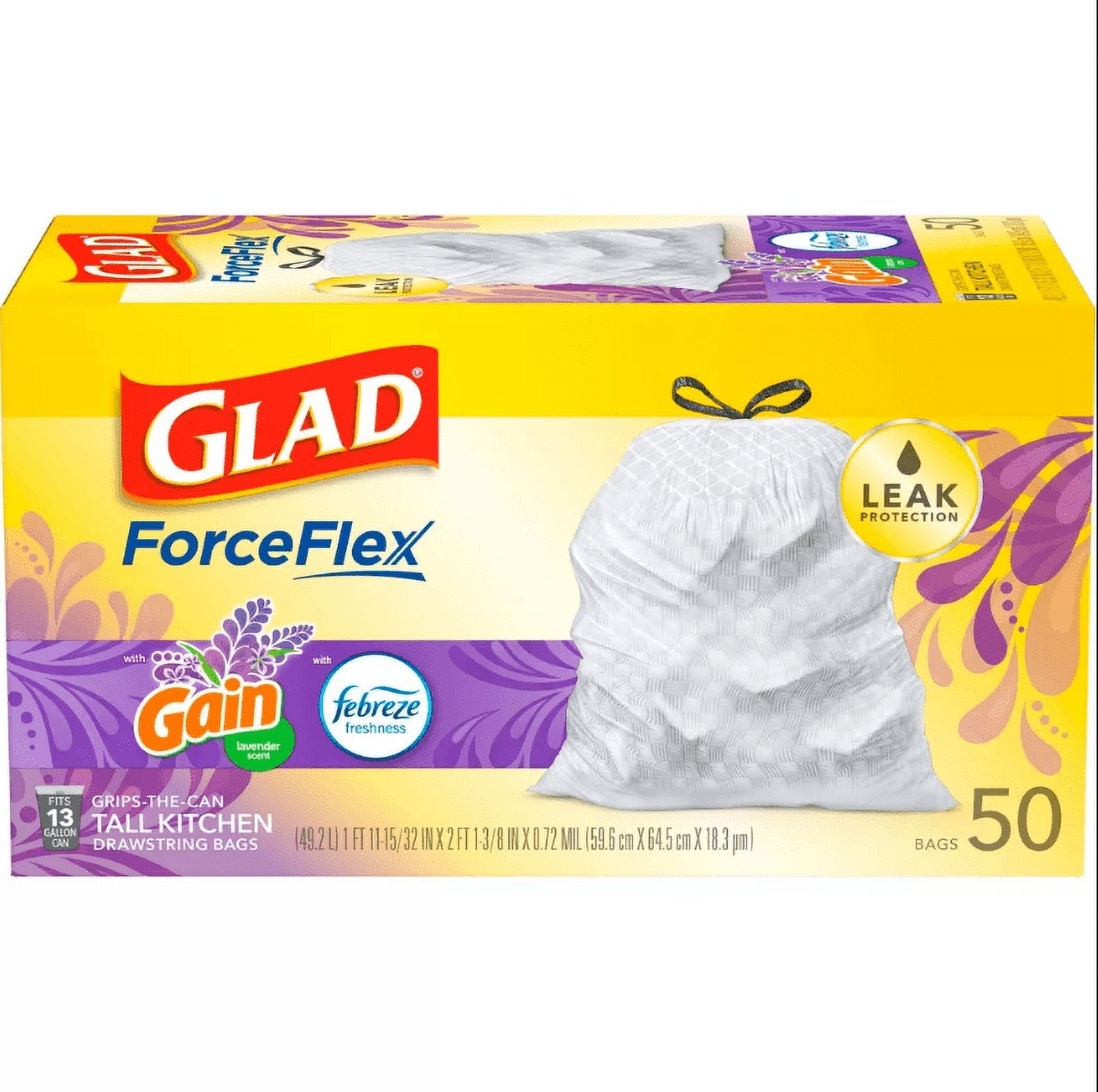 Glad ForceFlex 13-Gallons Gain Lavender White Plastic Kitchen Drawstring Trash  Bag (50-Count) in the Trash Bags department at