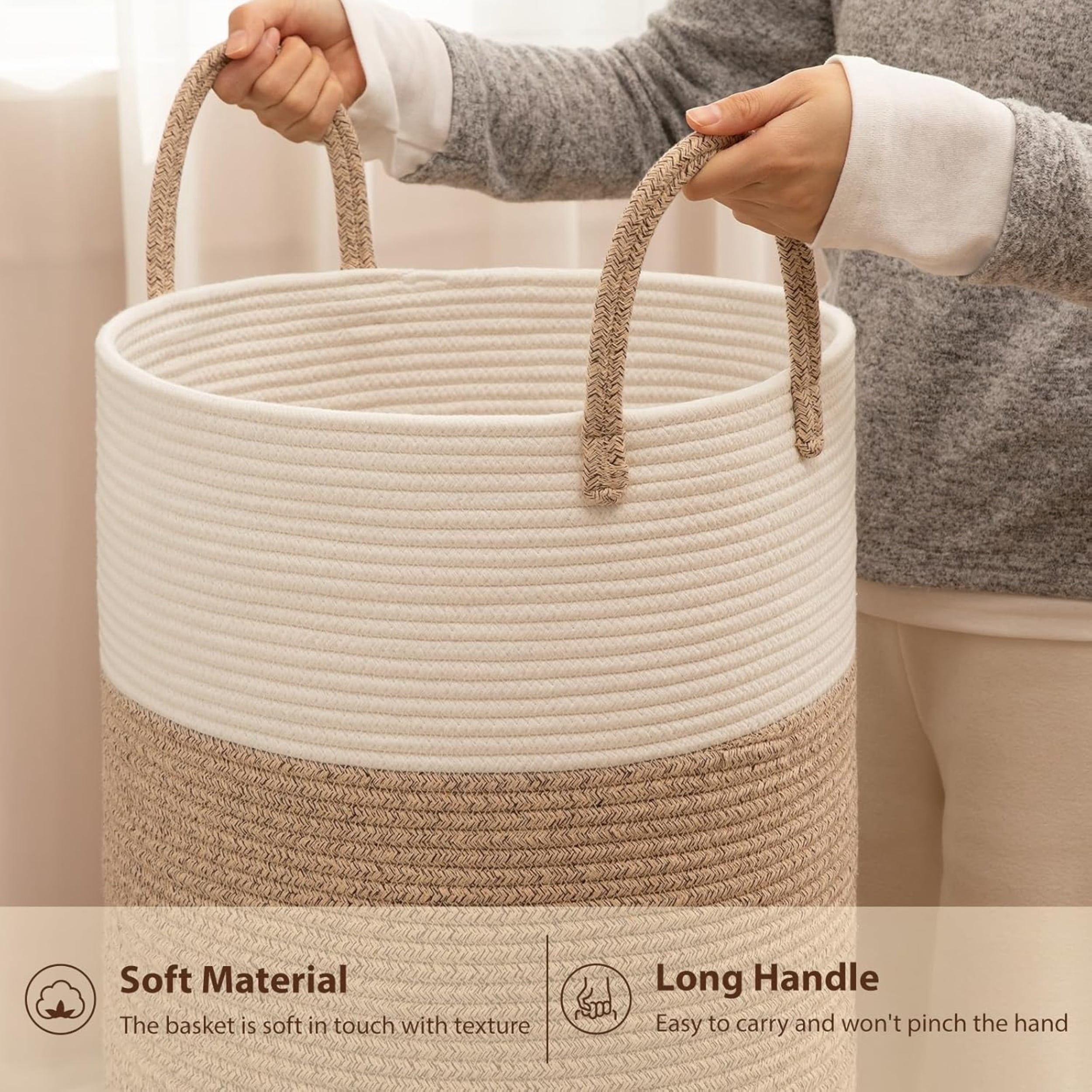 Laundry Basket, Woven Cotton Rope Laundry Hamper for Decor Storage of Dirty ClothesToys and Blankets in Bathroom, Baby Room and Living Room