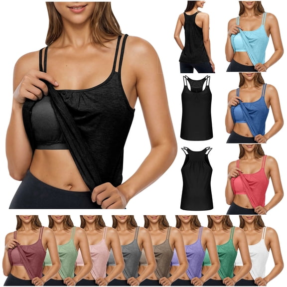 BiZtdJrK Womens Workout Tank Top with Built in Bras Running Yoga Athletic Racerback Tanks Solid Color Camisole Padded Undershirt Black XL
