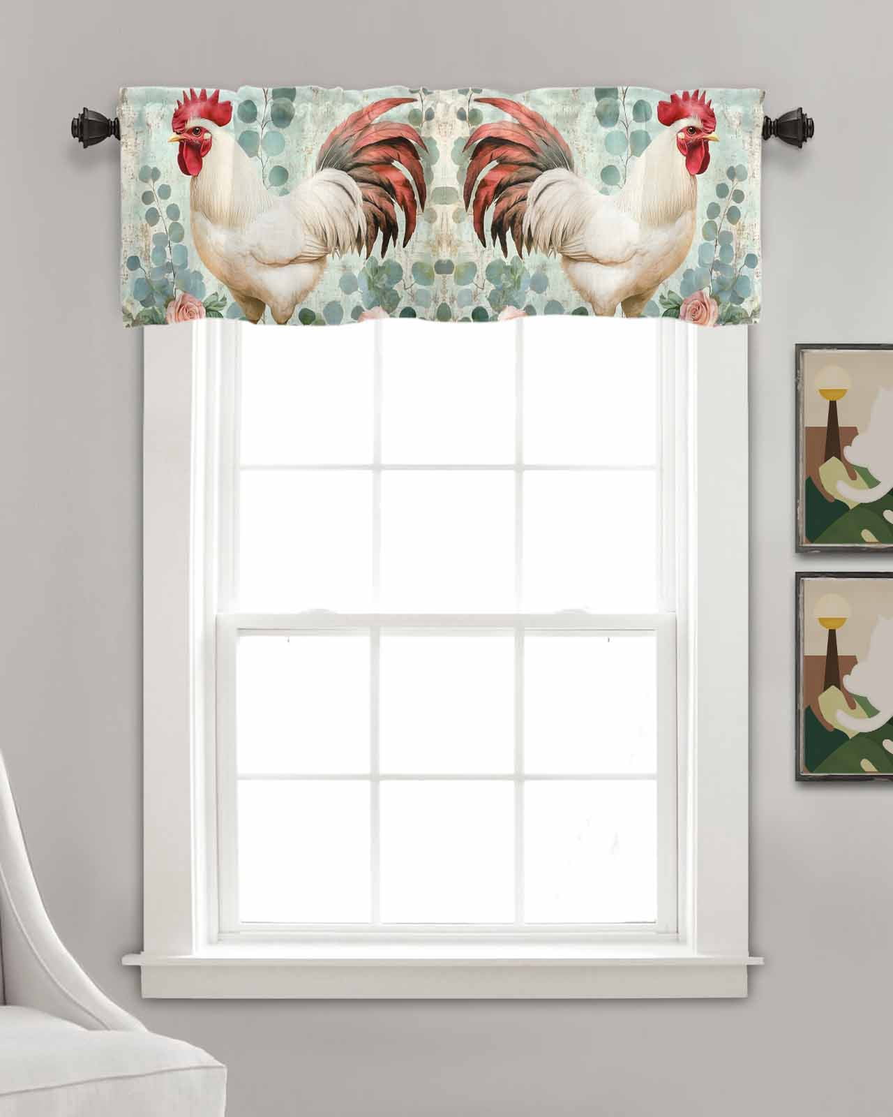 Vintage Rooster Kitchen Valances for Windows Farmhouse Linen Window Valance Curtain for Living Room Window Treatment Eucalyptus Leaves Animals Spring Roses Valance Rod Pocket Topper, 60 x 18 Inch